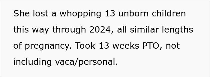 Text discussing bereavement, employee leave, and miscarriage of 13 fetuses over several pregnancies through 2024. Text discussing bereavement, employee leave, and miscarriage of 13 fetuses over several pregnancies through 2024.