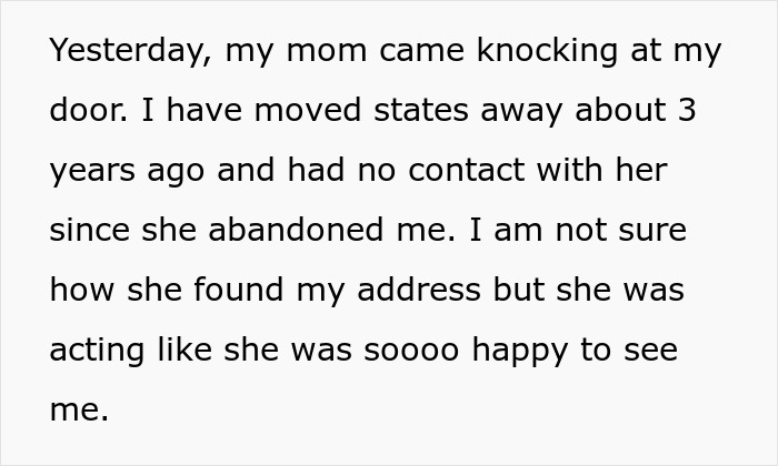 Text describes an unexpected visit from a toxic mom demanding inheritance. Text describes an unexpected visit from a toxic mom demanding inheritance.