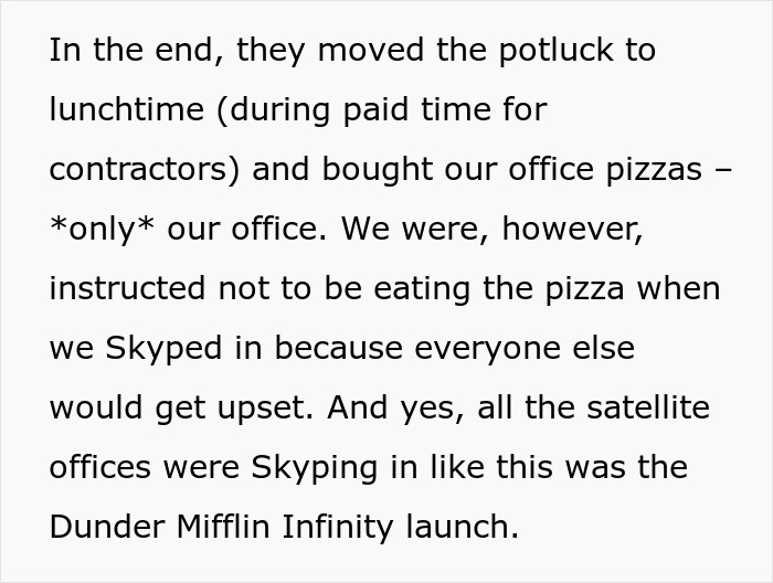 Text discussing a disappointing company potluck, mentions pizza for one office and Skyping with others. Text discussing a disappointing company potluck, mentions pizza for one office and Skyping with others.