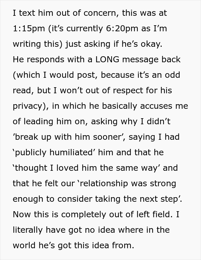 Text screenshot about a misunderstanding between friends, discussing feelings and public humiliation. Text screenshot about a misunderstanding between friends, discussing feelings and public humiliation.