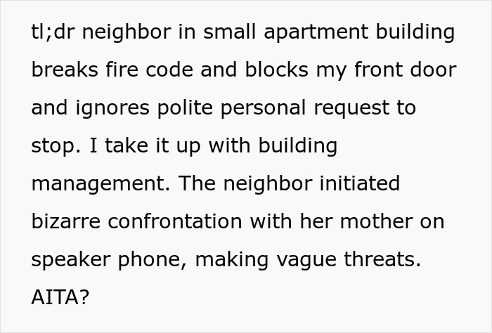 Text about a neighbor blocking a woman's door with a stroller, leading to a confrontation. Text about a neighbor blocking a woman's door with a stroller, leading to a confrontation.