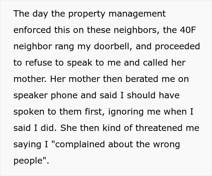 Text exchange about a woman reporting neighbors over a blocked door, leading to a dispute. Text exchange about a woman reporting neighbors over a blocked door, leading to a dispute.