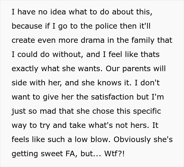 Text expressing frustration over a sister faking rehab to steal trust fund, causing family drama. Text expressing frustration over a sister faking rehab to steal trust fund, causing family drama.