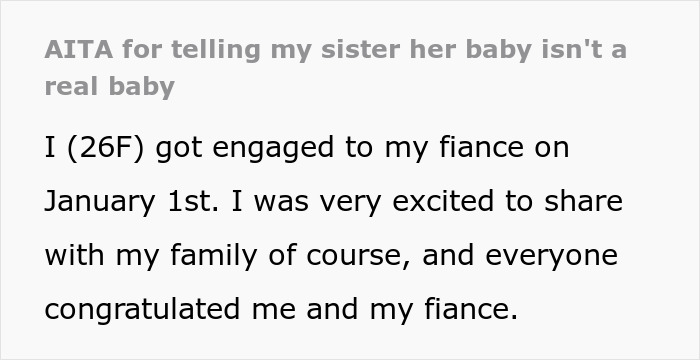 Text screenshot discussing an engagement and family reactions; topic on "real baby. Text screenshot discussing an engagement and family reactions; topic on "real baby.