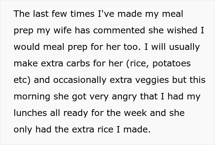 Text describing conflict over meal prep between vegetarian wife and husband. Text describing conflict over meal prep between vegetarian wife and husband.