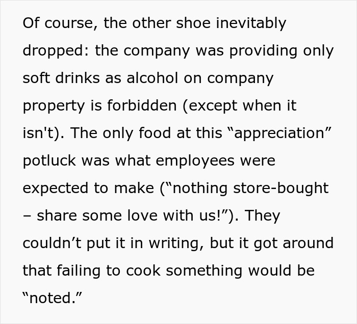 Text revealing company potluck disappointment, highlighting homemade food requirement and lack of beverages. Text revealing company potluck disappointment, highlighting homemade food requirement and lack of beverages.