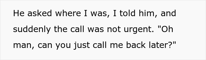 Text conversation about a call becoming non-urgent after revealing location, discussing coworker's entitlement. Text conversation about a call becoming non-urgent after revealing location, discussing coworker's entitlement.