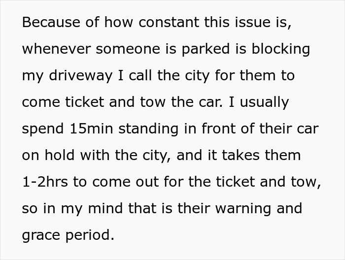 Text describing a frequent car-driveway-block issue leading to calls for city towing. Text describing a frequent car-driveway-block issue leading to calls for city towing.