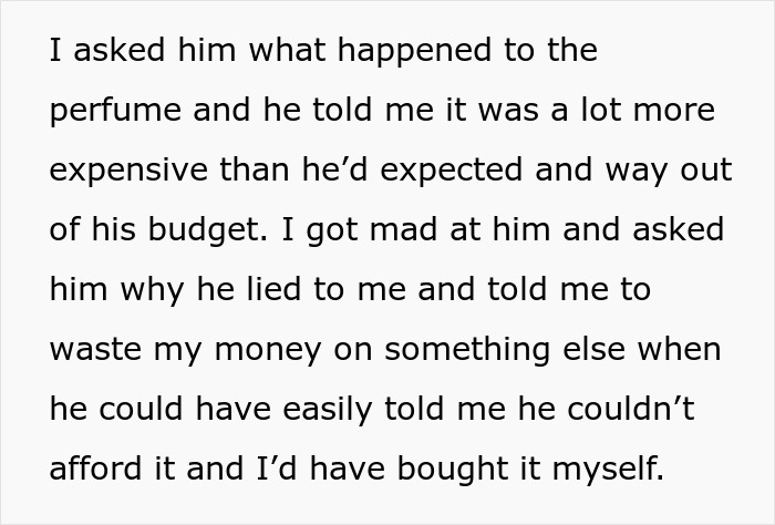 Text on image about a disagreement over a special birthday perfume and budget concerns. Text on image about a disagreement over a special birthday perfume and budget concerns.