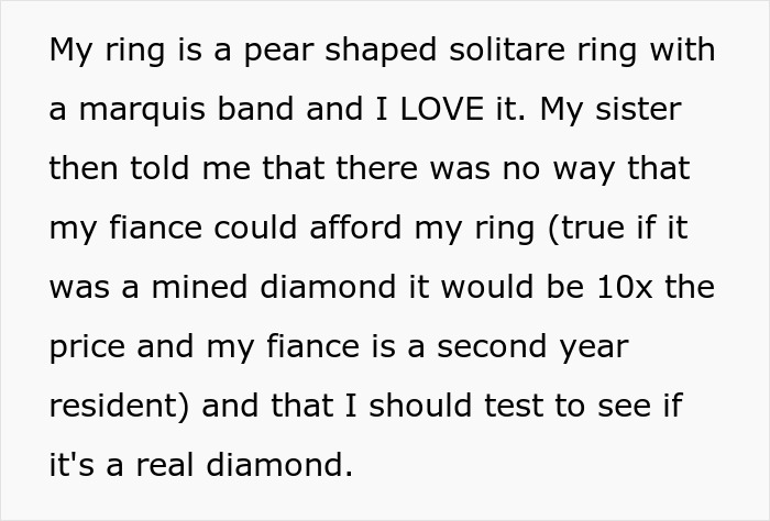 Text about a pear-shaped ring and sister's skepticism on its authenticity. Text about a pear-shaped ring and sister's skepticism on its authenticity.