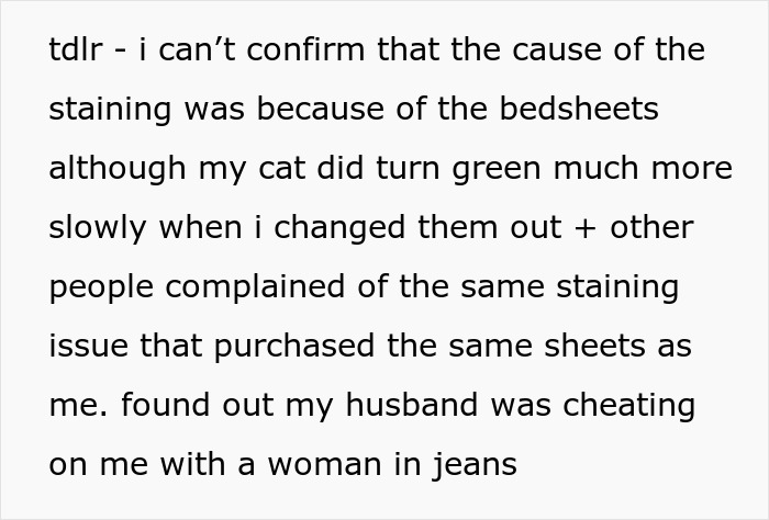 Text from an online user joke about stains supposedly left by a mistress, confirming infidelity. Text from an online user joke about stains supposedly left by a mistress, confirming infidelity.