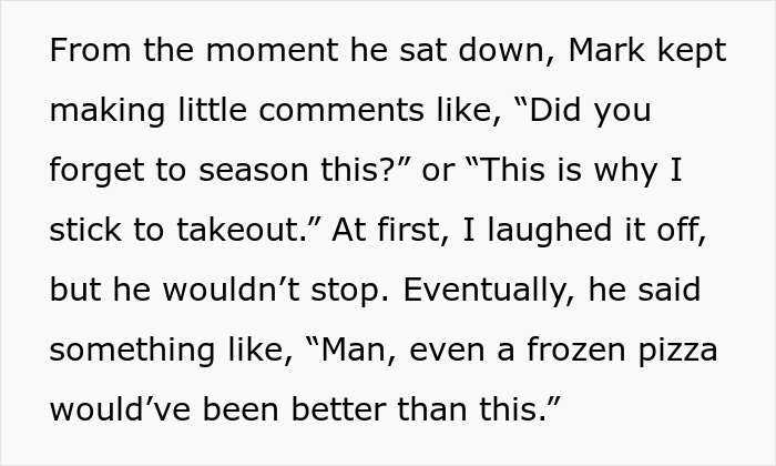 Text conversation with snarky remarks about a home-cooked meal, highlighting the guest's disrespectful attitude. Text conversation with snarky remarks about a home-cooked meal, highlighting the guest's disrespectful attitude.