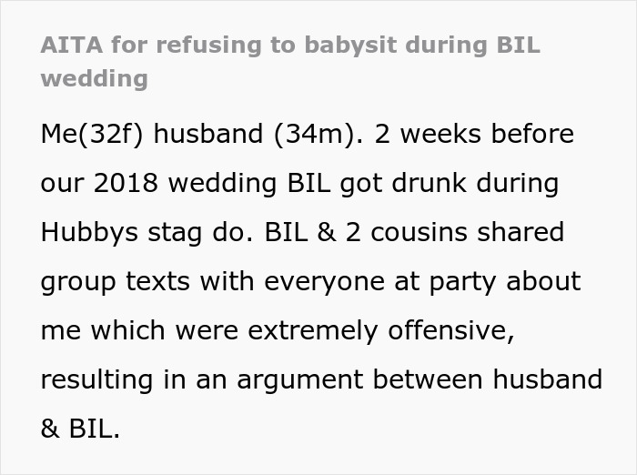 Text discussing family pressures on a woman to babysit during a wedding, leading to conflict over offensive messages. Text discussing family pressures on a woman to babysit during a wedding, leading to conflict over offensive messages.