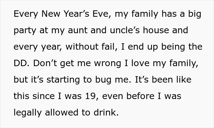 Text detailing a family New Year's Eve tradition involving designated driving duties. Text detailing a family New Year's Eve tradition involving designated driving duties.