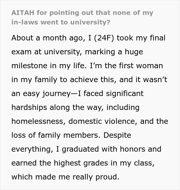 Text discussing family views on university and personal achievement despite hardships. Text discussing family views on university and personal achievement despite hardships.