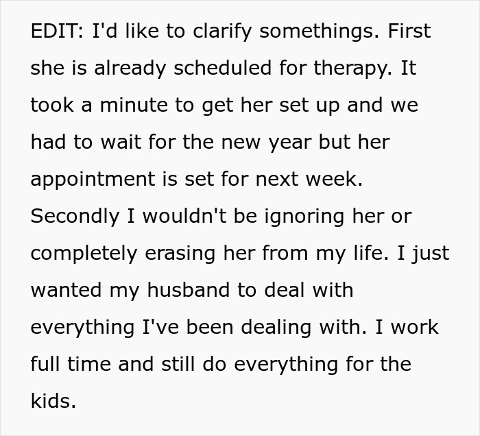 Text about husband handling daughter responsibilities, mentioning therapy and work-life balance challenges. Text about husband handling daughter responsibilities, mentioning therapy and work-life balance challenges.