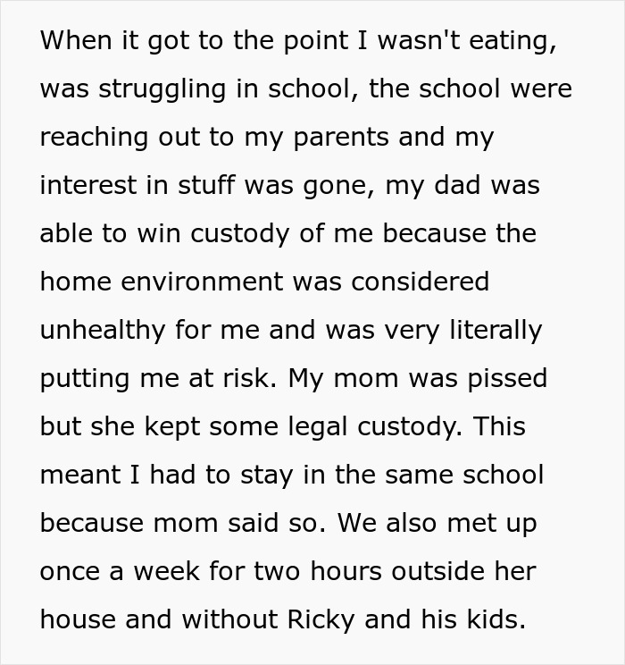 Text excerpt about a teen's experience with bullying by a step-sibling and custody changes. Text excerpt about a teen's experience with bullying by a step-sibling and custody changes.