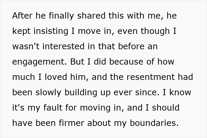 "Text discussing moving in before engagement, leading to building resentment and boundary issues. "Text discussing moving in before engagement, leading to building resentment and boundary issues.