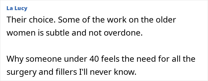 Text from a comment discussing cosmetic work on women and surgery choices related to 'Ozempic face'. Text from a comment discussing cosmetic work on women and surgery choices related to 'Ozempic face'.