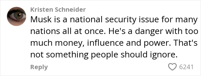 Text comment about Elon Musk's influence and wealth causing national security concerns. Text comment about Elon Musk's influence and wealth causing national security concerns.