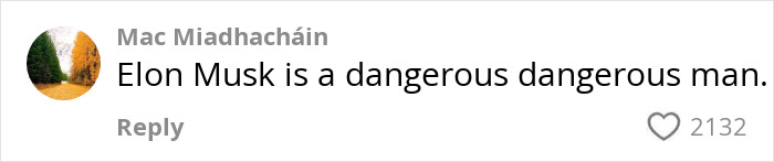 Comment stating "Elon Musk is a dangerous man" with 2132 likes. Comment stating "Elon Musk is a dangerous man" with 2132 likes.
