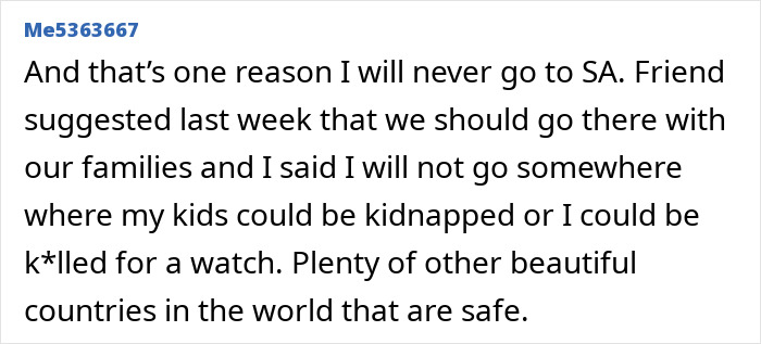 Text discussing fears of kidnapping and safety concerns in South Africa. Text discussing fears of kidnapping and safety concerns in South Africa.