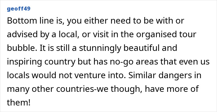 Screenshot of a comment discussing visiting South Africa with safety precautions. Screenshot of a comment discussing visiting South Africa with safety precautions.