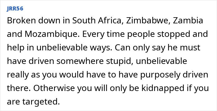 Text discussing vehicle breakdowns and kidnappings in South Africa and neighboring countries. Text discussing vehicle breakdowns and kidnappings in South Africa and neighboring countries.