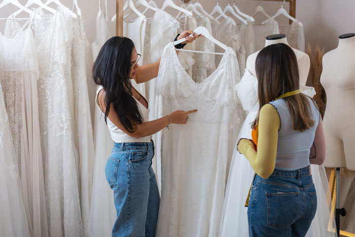 Two women shopping among wedding dresses, examining a gown on a hanger. Two women shopping among wedding dresses, examining a gown on a hanger.
