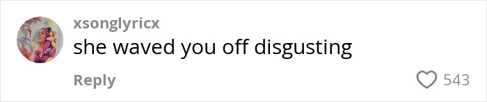 Screenshot of a comment with 543 likes reading, "she waved you off disgusting. Screenshot of a comment with 543 likes reading, "she waved you off disgusting.