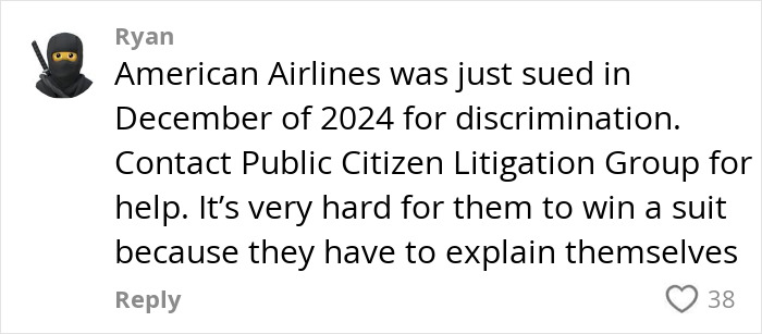 Comment discussing American Airlines lawsuit for discrimination. Comment discussing American Airlines lawsuit for discrimination.