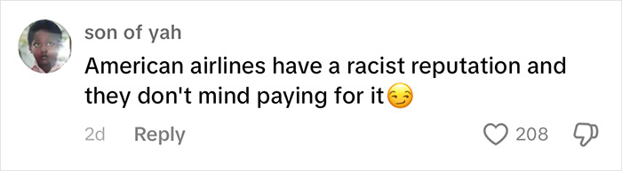 Comment discussing alleged racist reputation of American Airlines with winking emoji. Comment discussing alleged racist reputation of American Airlines with winking emoji.