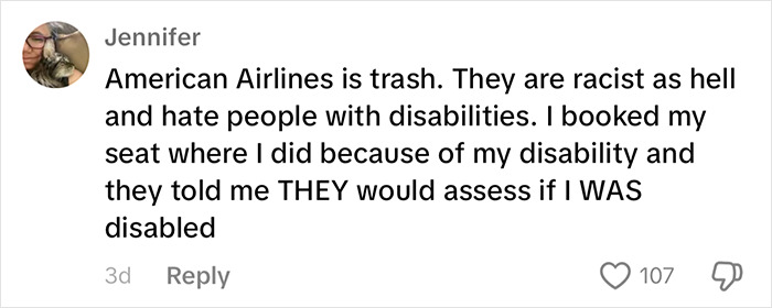 Comment criticizing American Airlines' treatment of passengers, focusing on racism and discrimination against disabilities. Comment criticizing American Airlines' treatment of passengers, focusing on racism and discrimination against disabilities.