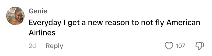 Text comment expressing disapproval of American Airlines with 107 likes. Text comment expressing disapproval of American Airlines with 107 likes.