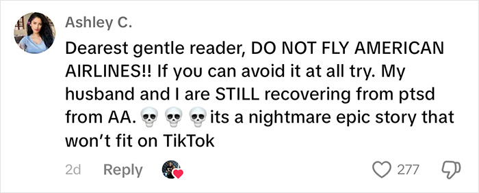 Comment by a woman criticizing American Airlines experience with emojis and engagement statistics visible. Comment by a woman criticizing American Airlines experience with emojis and engagement statistics visible.
