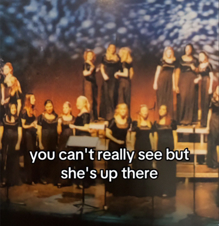 High school choir group on stage; text mentions she's up there, related to Blake Lively yearbook photos. High school choir group on stage; text mentions she's up there, related to Blake Lively yearbook photos.