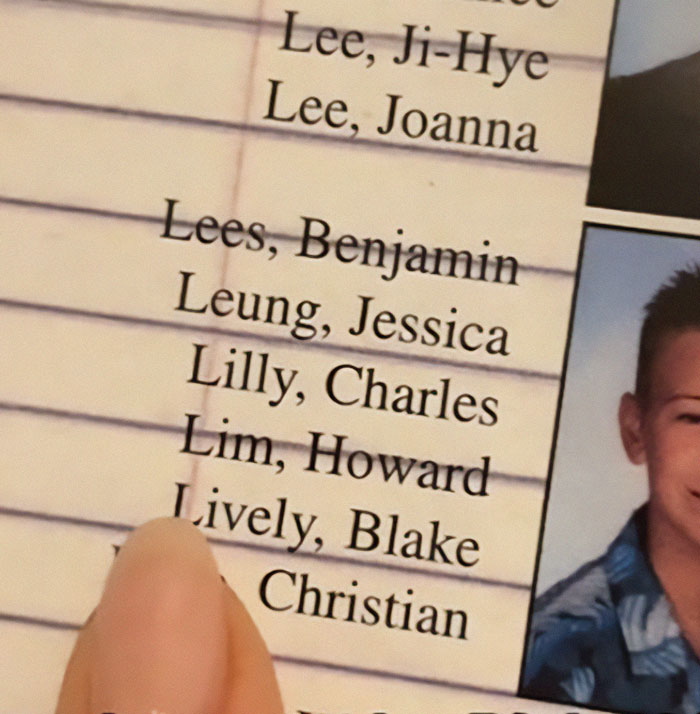 Yearbook close-up showing "Lively, Blake" with a finger pointing at the name. Yearbook close-up showing "Lively, Blake" with a finger pointing at the name.