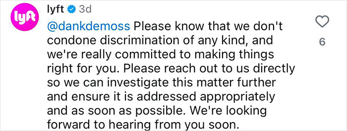 Lyft's response on discrimination claim from plus size woman regarding driver incident. Lyft's response on discrimination claim from plus size woman regarding driver incident.