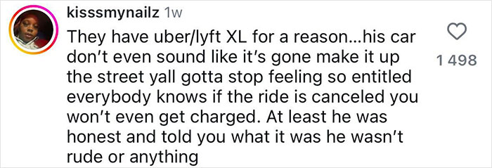 Social media comment about a Lyft XL ride concerning car capacity for plus size passenger. Social media comment about a Lyft XL ride concerning car capacity for plus size passenger.
