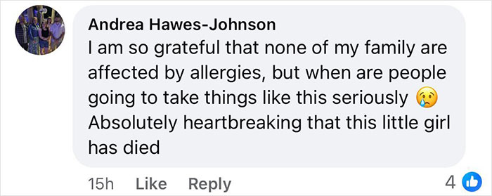 Comment expressing heartbreak over girl's death from milkshake incident. Comment expressing heartbreak over girl's death from milkshake incident.