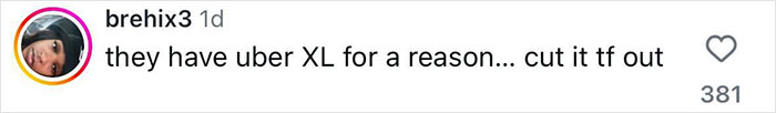 Comment criticizing rideshare vehicle size, related to plus size woman suing Lyft. Comment criticizing rideshare vehicle size, related to plus size woman suing Lyft.