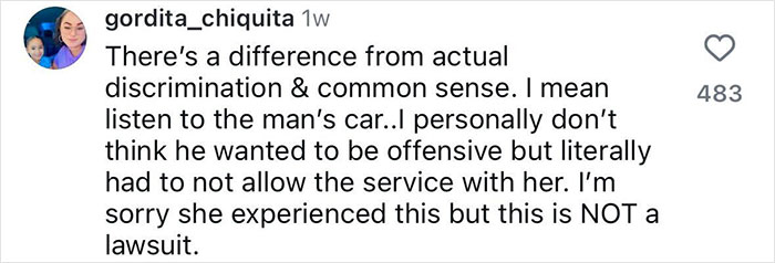 Instagram comment discussing plus-size woman's lawsuit against Lyft driver. Instagram comment discussing plus-size woman's lawsuit against Lyft driver.