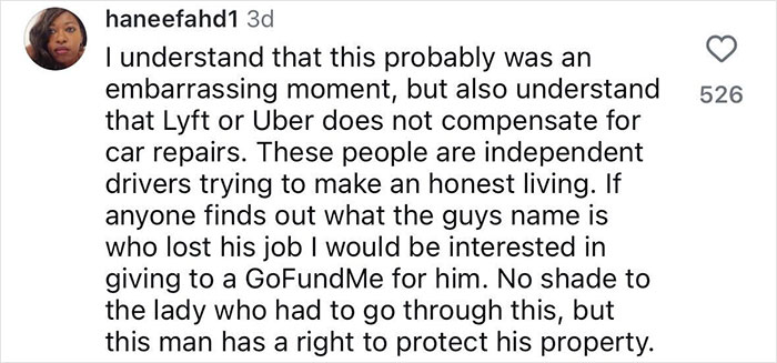Screenshot of a comment on social media discussing the incident involving a plus size woman and a Lyft driver. Screenshot of a comment on social media discussing the incident involving a plus size woman and a Lyft driver.
