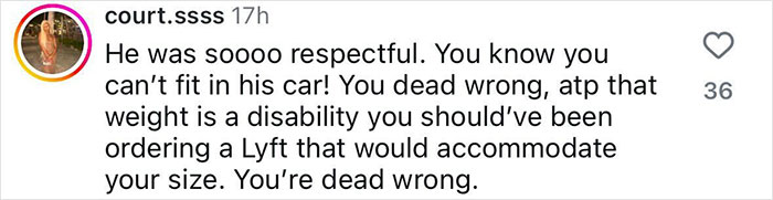 Instagram comment discussing plus size woman and Lyft driver's response. Instagram comment discussing plus size woman and Lyft driver's response.