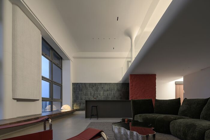 Modern interior design with dark furniture, large windows, and unique lighting.