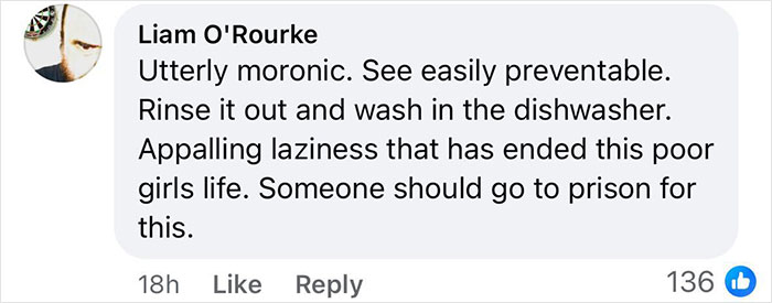 Facebook comment criticizing negligence after a girl dies from milkshake made in unwashed blender. Facebook comment criticizing negligence after a girl dies from milkshake made in unwashed blender.