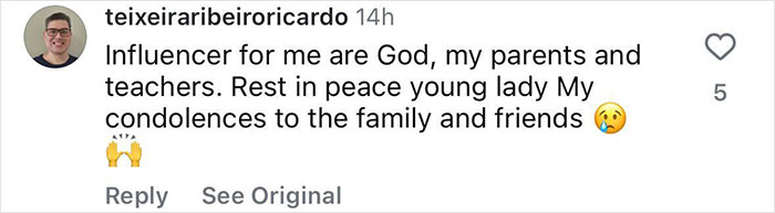 Instagram comment offering condolences and tribute to a young lady, with emojis of folded hands and a crying face. Instagram comment offering condolences and tribute to a young lady, with emojis of folded hands and a crying face.