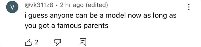 Comment screenshot about famous parents and modeling, with engagement icons below. Comment screenshot about famous parents and modeling, with engagement icons below.