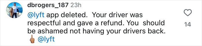 Customer comment on social media criticizing Lyft's response after a driver incident. Customer comment on social media criticizing Lyft's response after a driver incident.