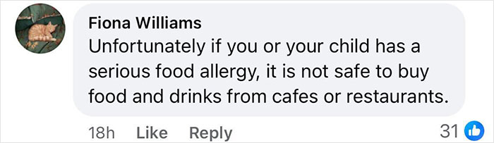 Comment raising concerns about food allergies and safety in cafes. Comment raising concerns about food allergies and safety in cafes.